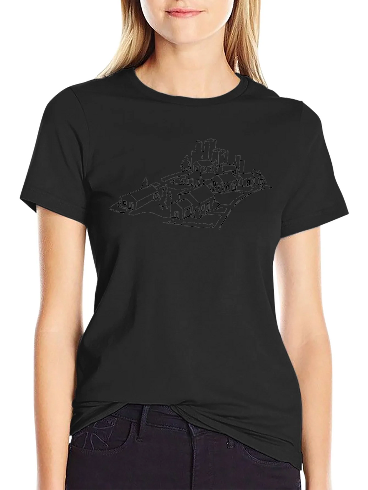 Urban Sketch Black T-Shirt - Cityscape Design