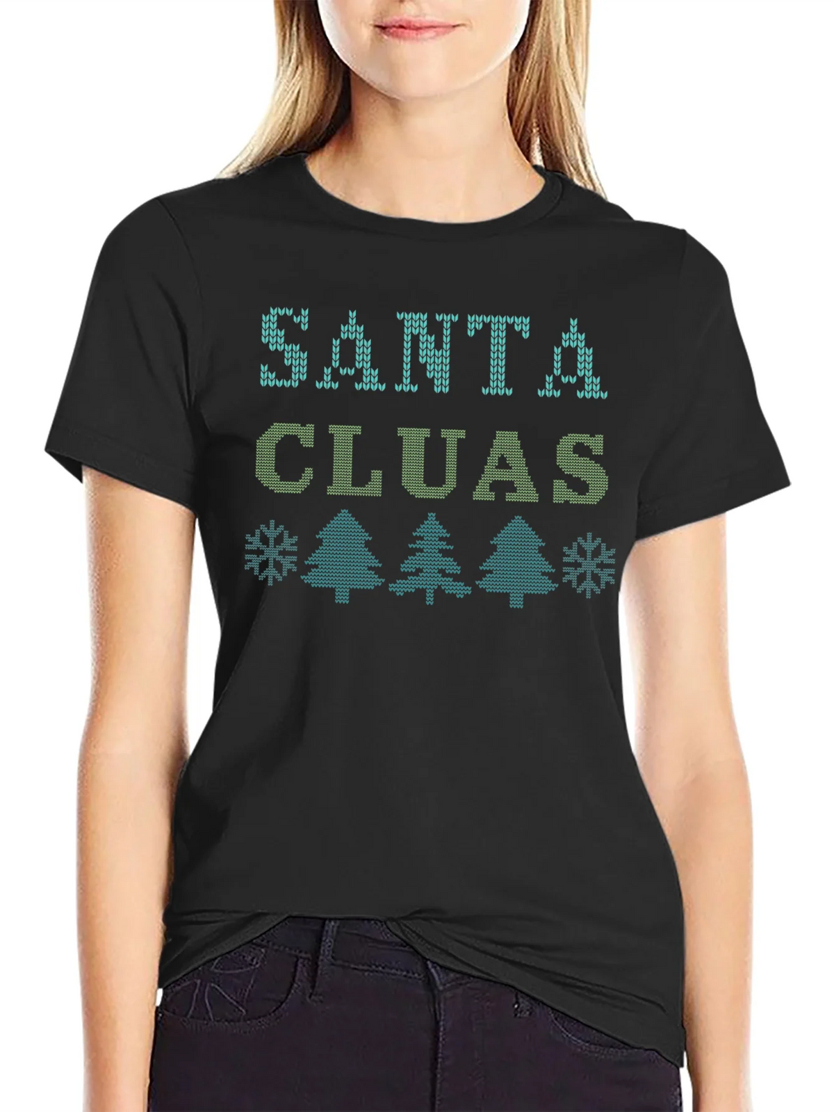 Santa Cluas Christmas Pattern Black T-Shirt
